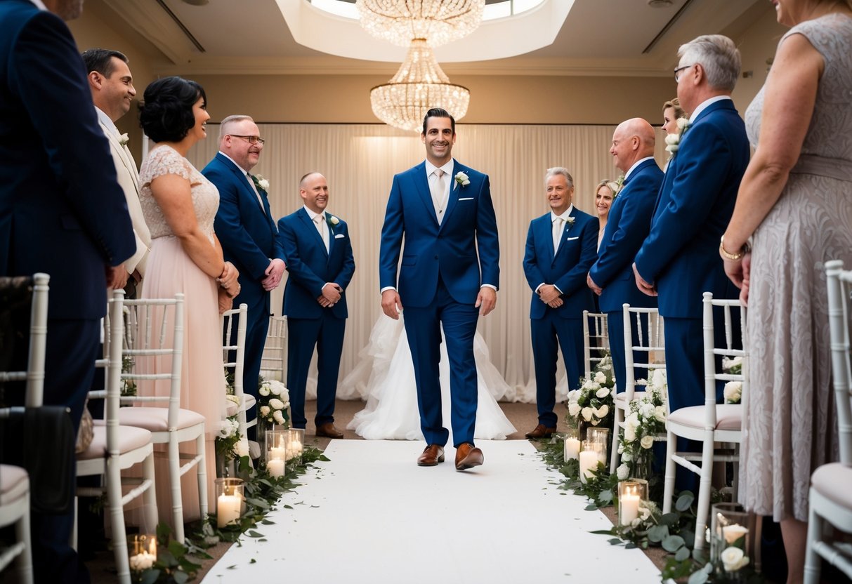 A groom stands at the end of the aisle, surrounded by various options for his procession, including walking alone or accompanied by family members or friends