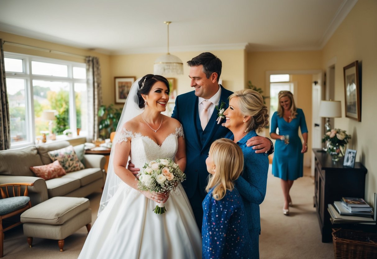 The bride stays with her family in a cozy, bustling home before the wedding. The air is filled with excitement and anticipation