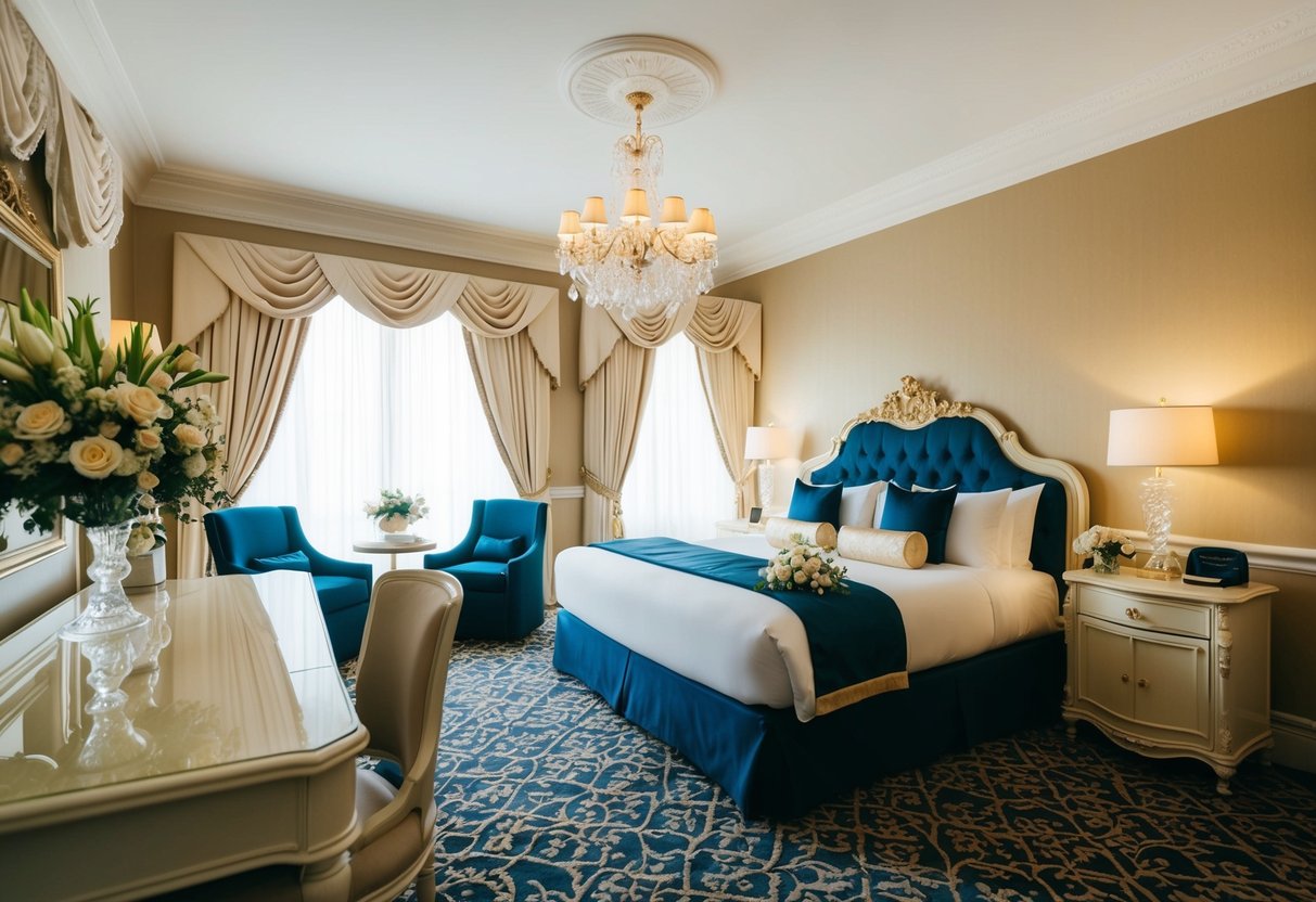 A luxurious suite with elegant decor and a large bed, adorned with flowers and bridal accessories