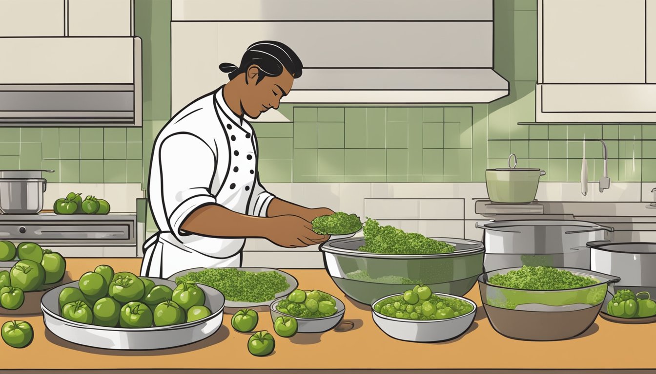 A chef swaps green tomatoes for tomatillos in a salsa recipe, showing the process of peeling, roasting, and blending the tomatillos