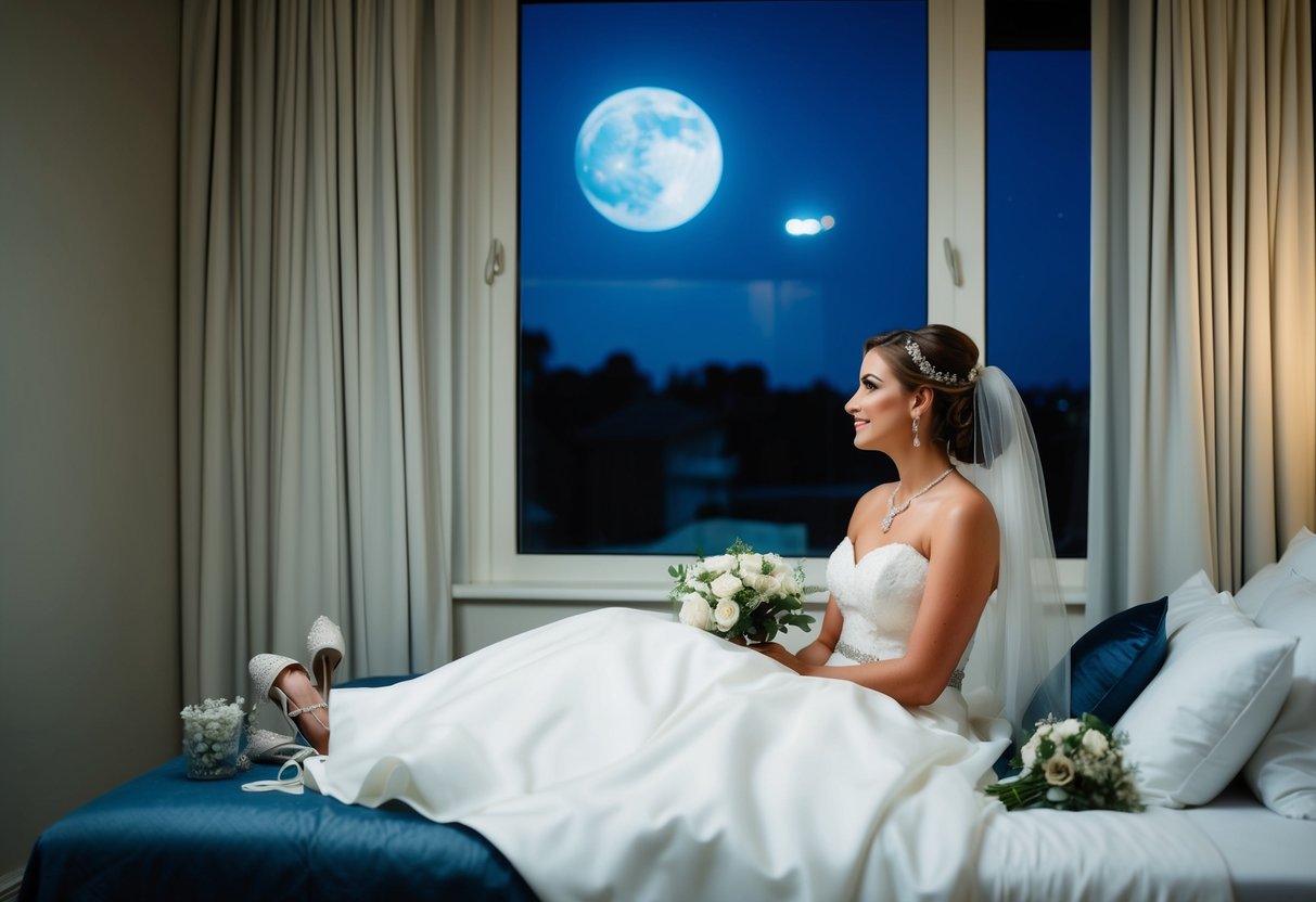 A bride-to-be sits alone on a bed surrounded by her wedding dress and accessories, gazing out a window at the moonlit night