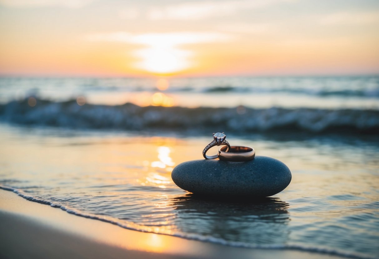 A serene beach at sunset with a pair of elegant wedding rings placed on a smooth rock by the water's edge