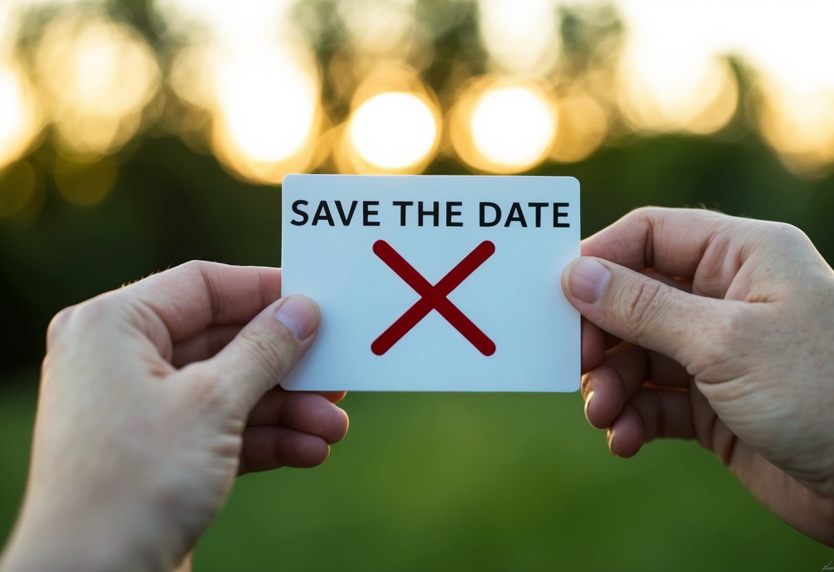 A couple's hands holding a save the date card with a crossed-out child symbol