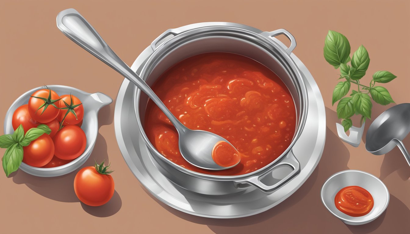 A pot of simmering tomato sauce being poured into a measuring cup, with a can of tomato paste and a spoon nearby