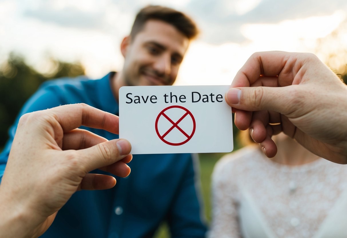 A couple's hands holding a "Save the Date" card with a crossed-out child symbol