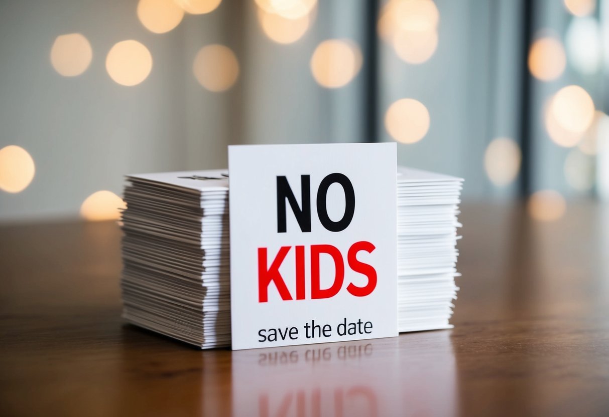 A stack of save the date cards with the words "No Kids" prominently displayed on the front