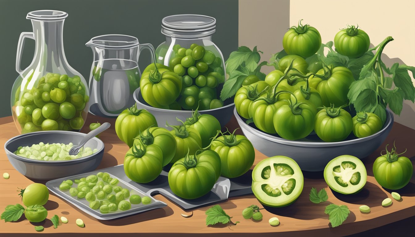 A kitchen counter with tomatillos and green tomatoes, surrounded by various ingredients and kitchen tools