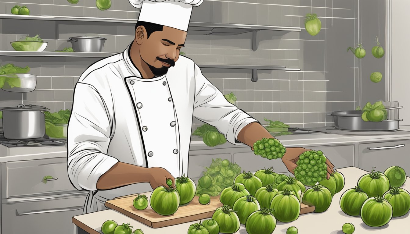 A chef swapping green tomatoes for tomatillos in a salsa recipe, displaying the process of peeling and chopping the tomatillos