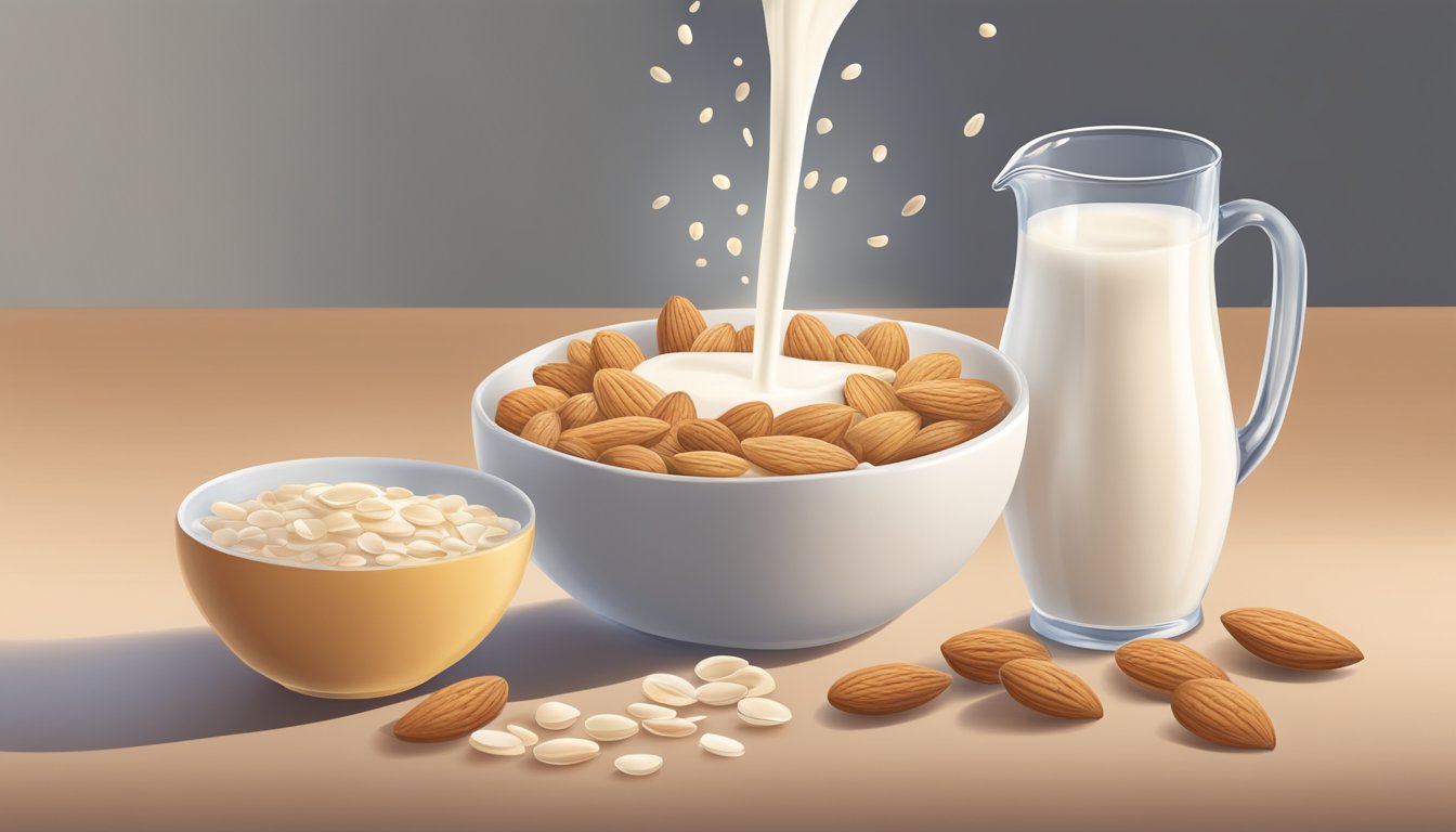 A glass of unsweetened almond milk pouring into a bowl of cereal, with a small jug of whole milk next to it