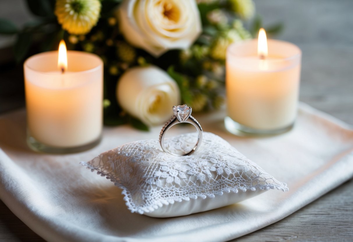 A sparkling engagement ring rests on a delicate lace pillow atop a white silk cloth, surrounded by soft candlelight and fresh flowers