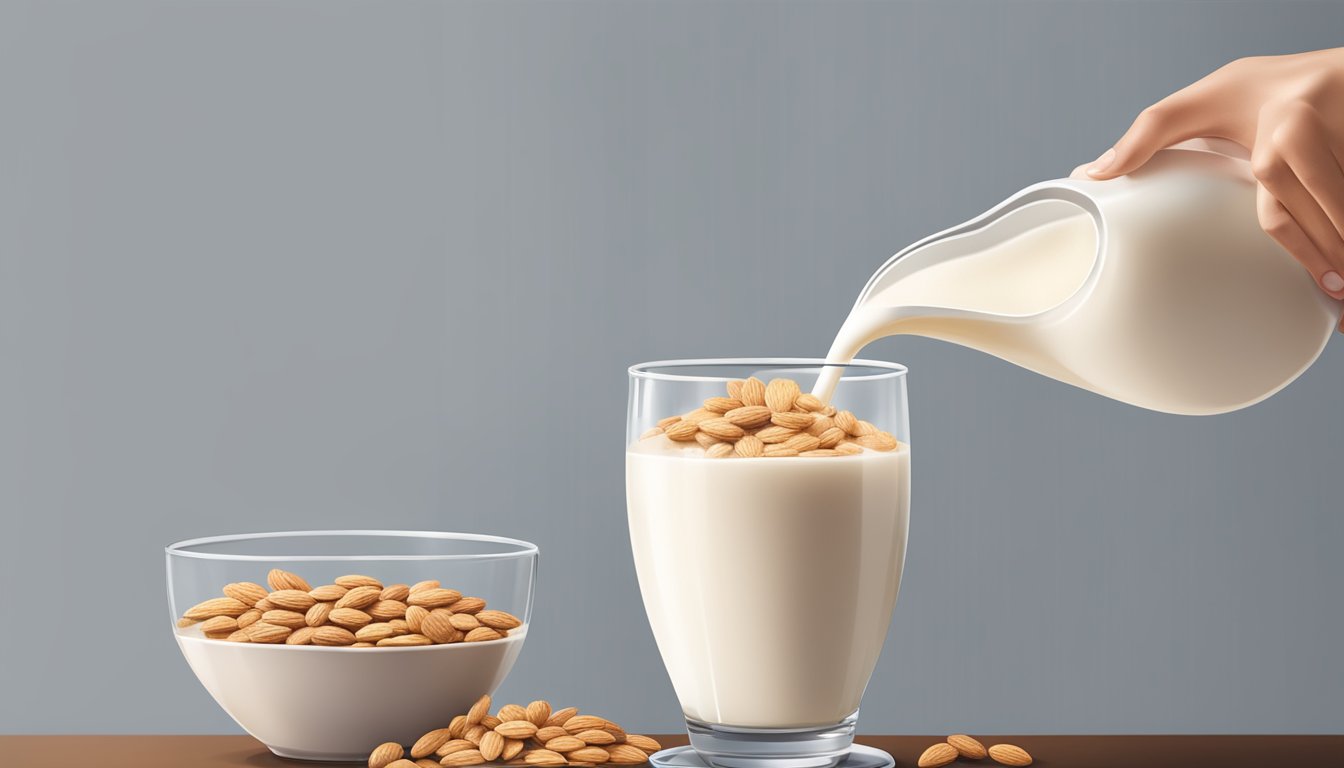 A pitcher of unsweetened almond milk being poured into a bowl of cereal in place of whole milk