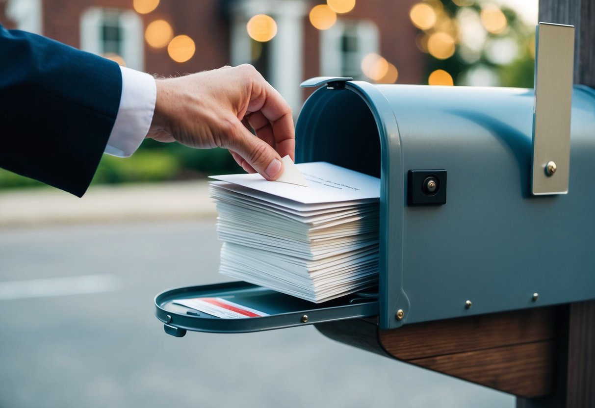 A hand placing a stack of wedding invitations into a mailbox