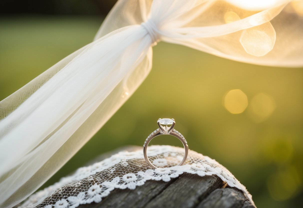 A lone engagement ring rests on a delicate lace veil, bathed in soft, golden light