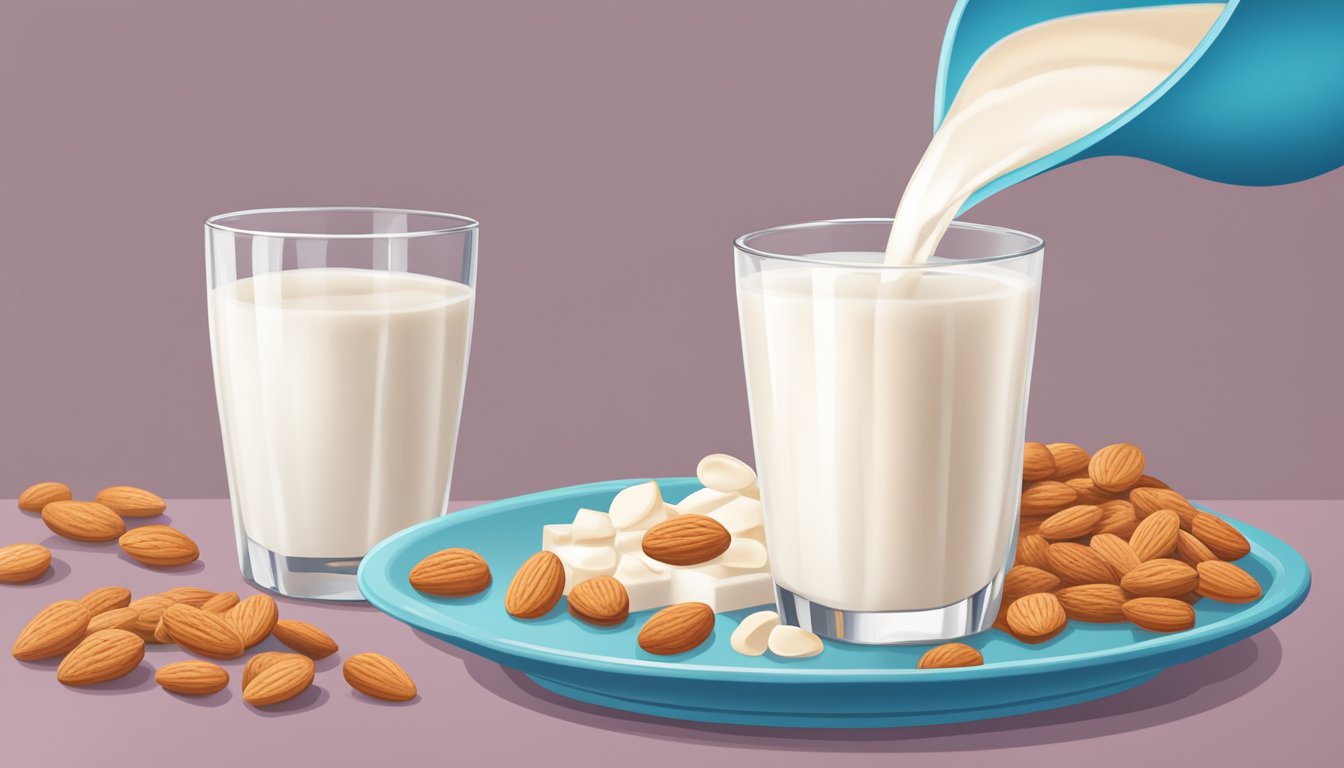 A glass of unsweetened almond milk being poured into a bowl of cereal, with a carton of whole milk sitting next to it