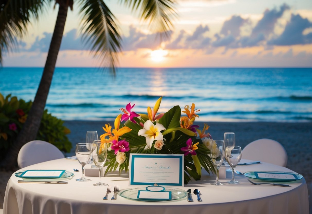 A tropical beach with a sunset backdrop, a table adorned with elegant wedding invitations, and a gentle ocean breeze carrying the scent of exotic flowers