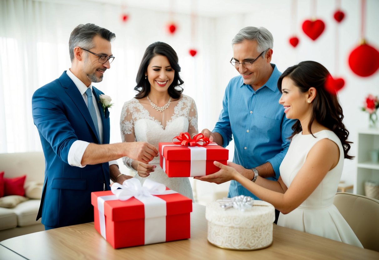 Parents selecting and purchasing a wedding gift for the bride