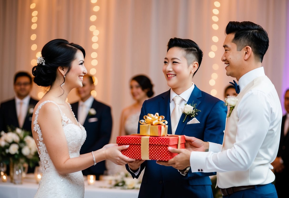 A couple presenting a gift to a bride and groom at a wedding reception