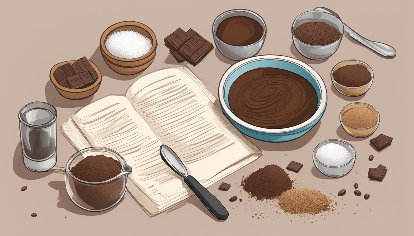 A kitchen counter with a bowl of unsweetened chocolate and a measuring spoon, surrounded by cocoa powder, sugar, and a recipe book open to a page on chocolate substitutions