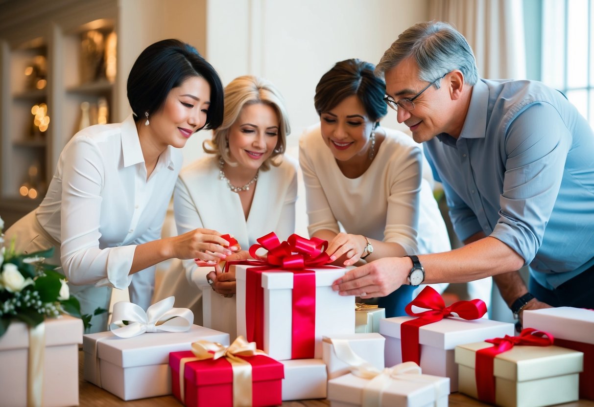 Parents carefully selecting a wedding gift, surrounded by elegant options and thoughtful consideration