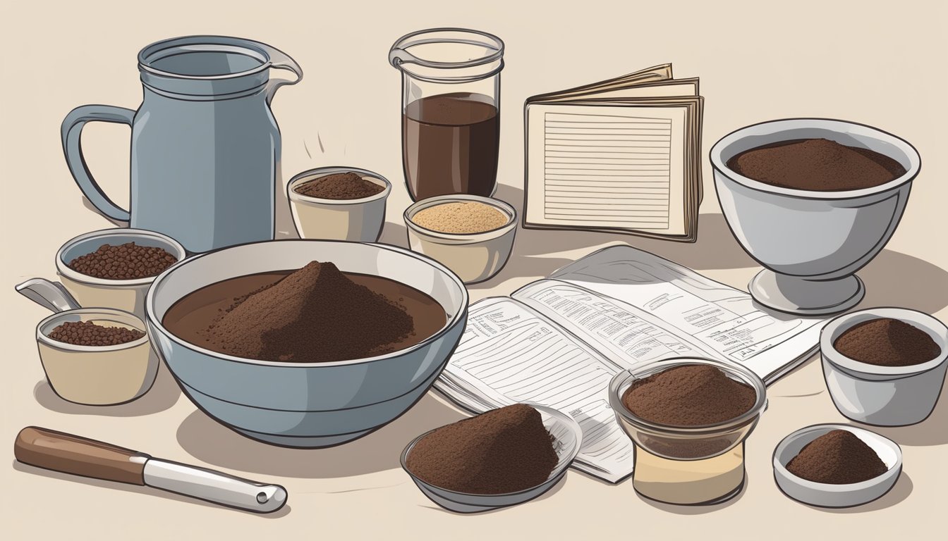 A kitchen counter with a mixing bowl, measuring cups, unsweetened chocolate, cocoa powder, and a recipe book open to a page on chocolate substitutions