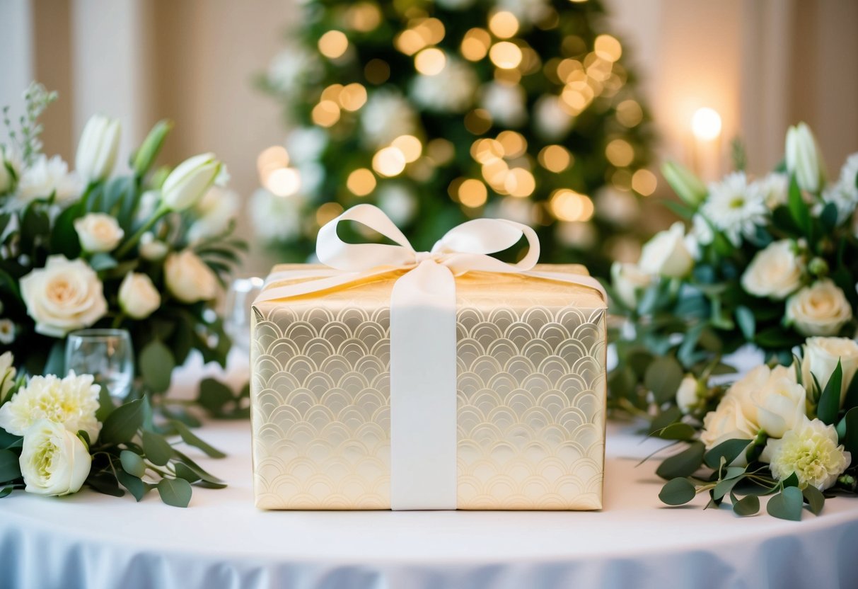 A beautifully wrapped wedding gift is presented on a table, surrounded by elegant decor and flowers