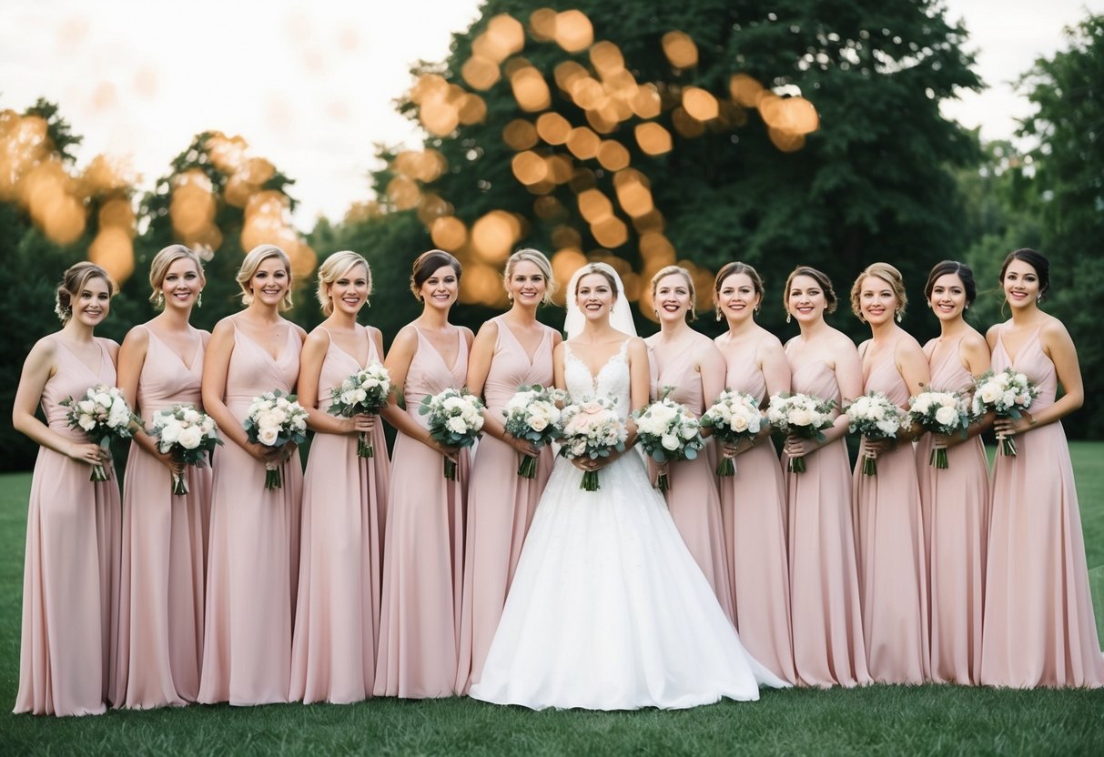 A line of 17 bridesmaids in matching dresses stand in a row, holding bouquets and smiling as they pose for a photo