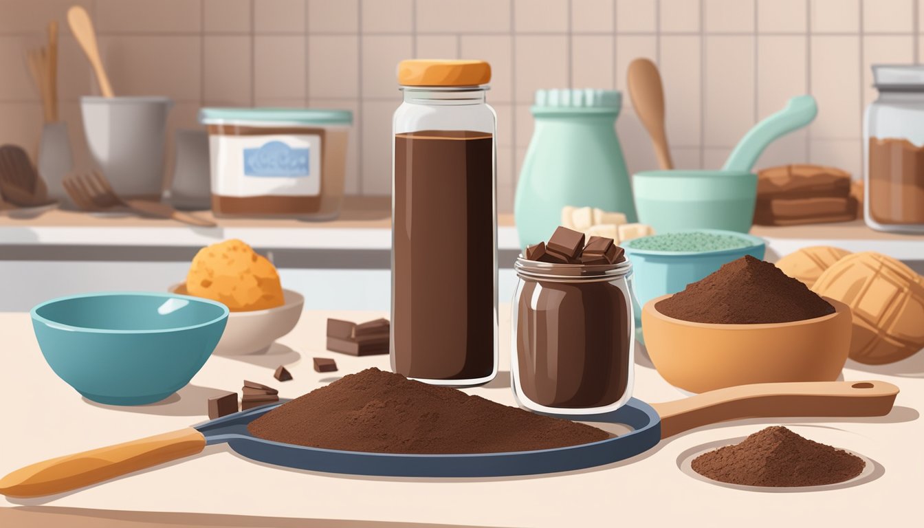 A bar of unsweetened chocolate next to a measuring spoon with cocoa powder, surrounded by various baking ingredients and utensils on a kitchen counter