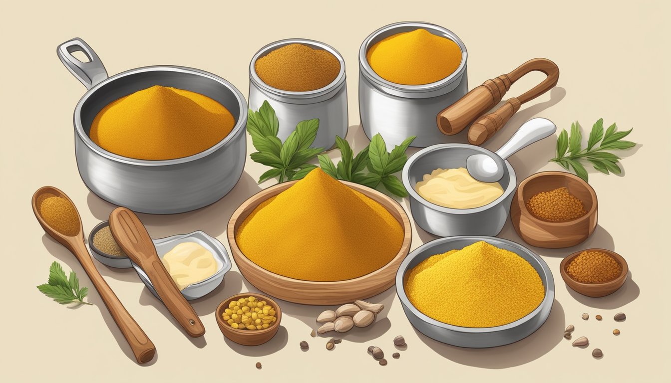 A kitchen counter with turmeric powder and curry powder next to each other, with various cooking utensils and ingredients scattered around