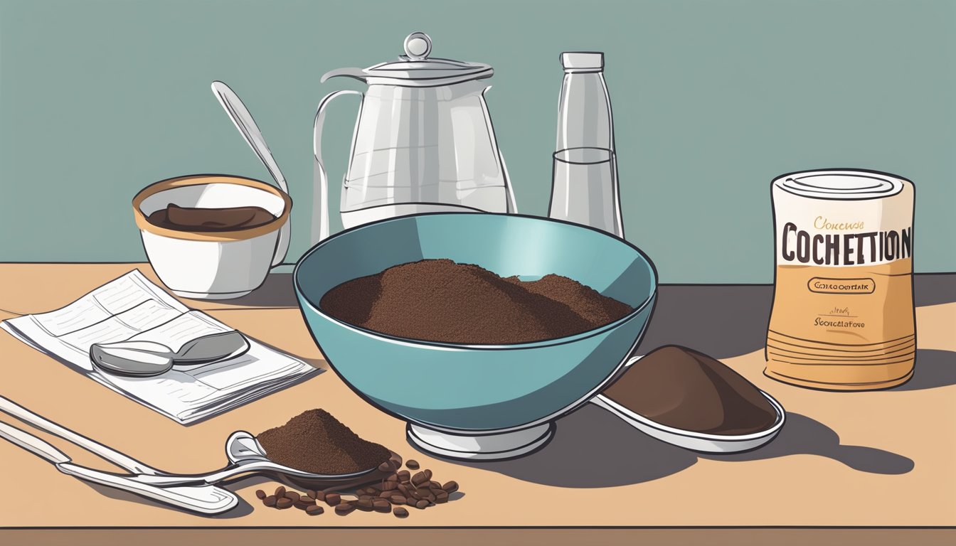 A kitchen counter with a bowl of unsweetened chocolate, a measuring spoon, and a bag of cocoa powder. A recipe book is open to a page on substitutions