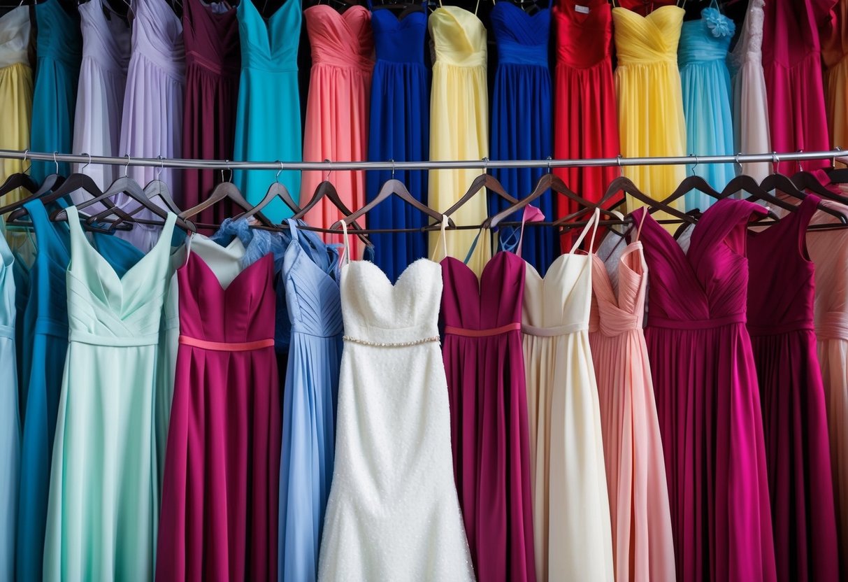 A line of bridesmaid dresses in various colors and styles, arranged in a crowded and overwhelming display