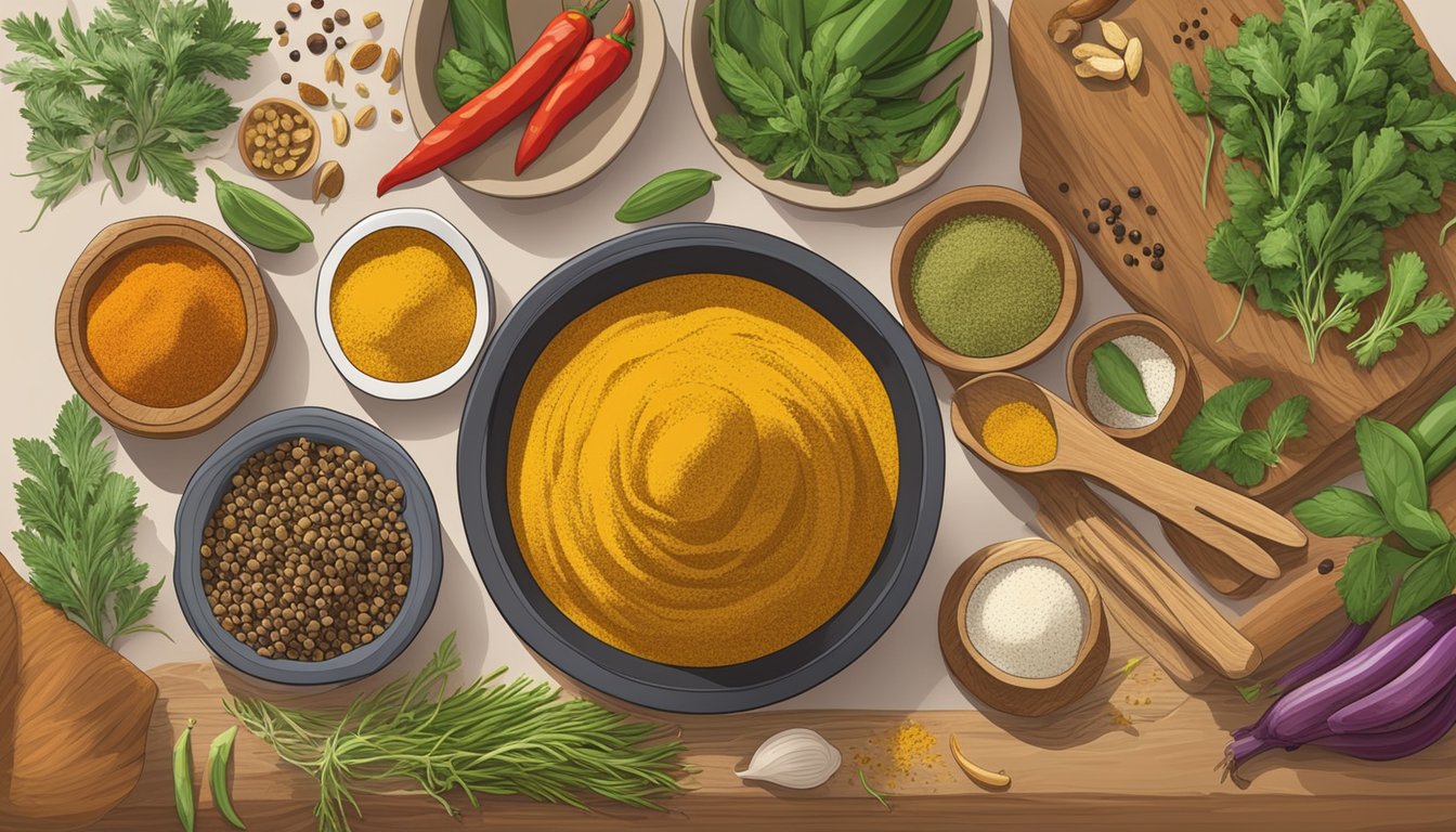 A kitchen counter with various spices and herbs, including turmeric and curry powder, next to a cutting board and a bowl of chopped vegetables