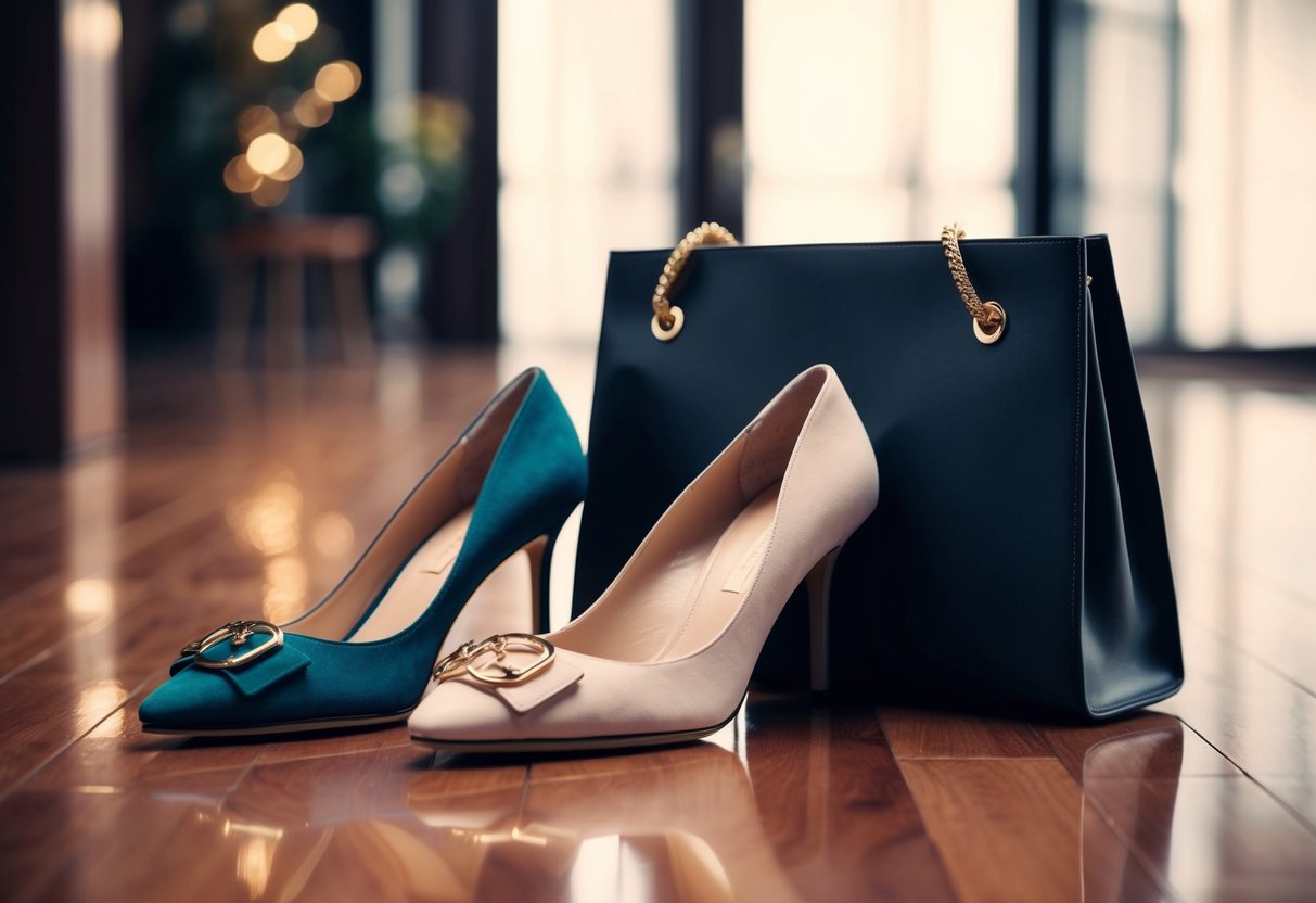 A pair of elegant shoes in different colors, alongside a matching bag, are displayed on a polished wooden floor