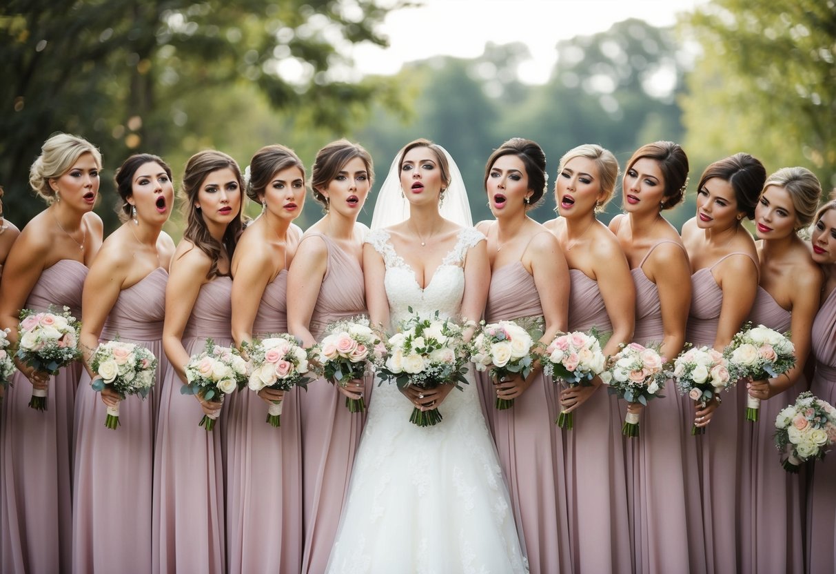A group of 17 bridesmaids standing in a row, each holding a bouquet of flowers, with a bride in the center looking overwhelmed