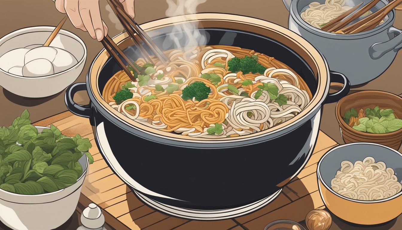 A steaming bowl of udon noodles being added to a bubbling pot of soup, with various ingredients and spices scattered around the kitchen counter