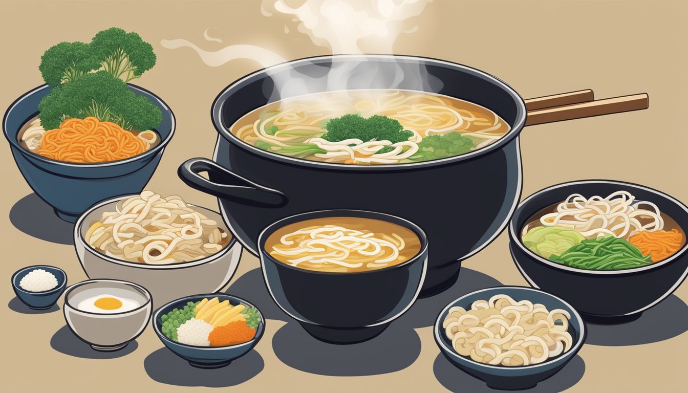 A steaming pot of udon noodle soup being poured into a bowl, with various soup bases and broth ingredients displayed in the background