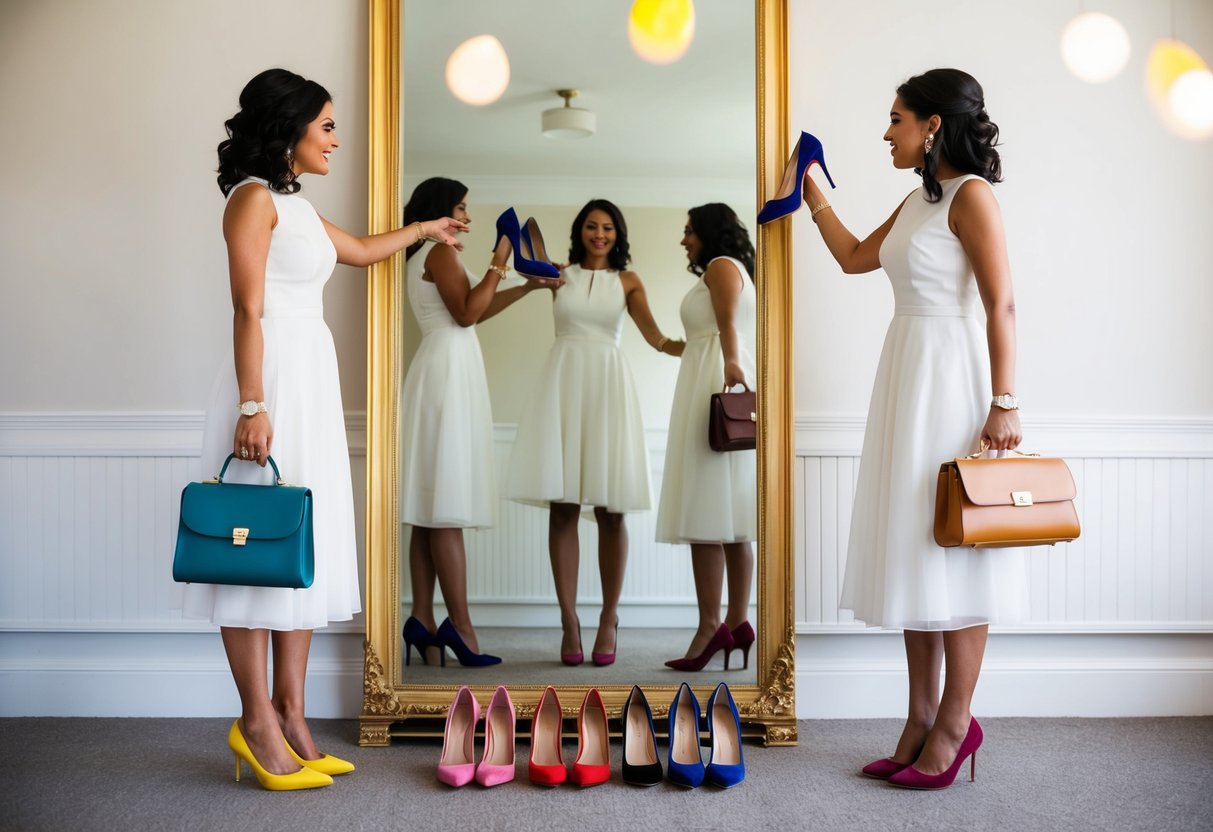 A woman stands in front of a full-length mirror, holding up different colored shoes and bags, trying to decide which combination looks best for a wedding