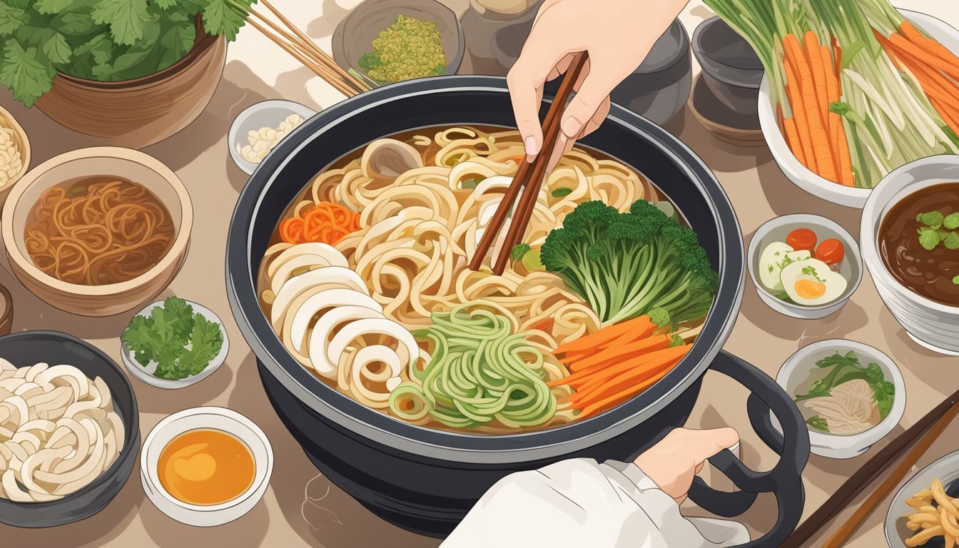 A steaming bowl of udon noodles being added to a pot of simmering soup, surrounded by various ingredients like vegetables and broth