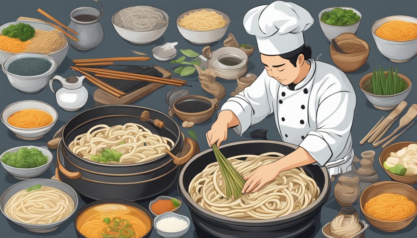 A chef swaps out soba for thick udon noodles in a steaming pot of broth, surrounded by various ingredients and cooking utensils