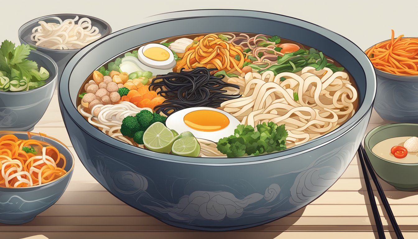 A steaming bowl of udon soup with an array of colorful and fresh complementary ingredients and toppings spread out around it