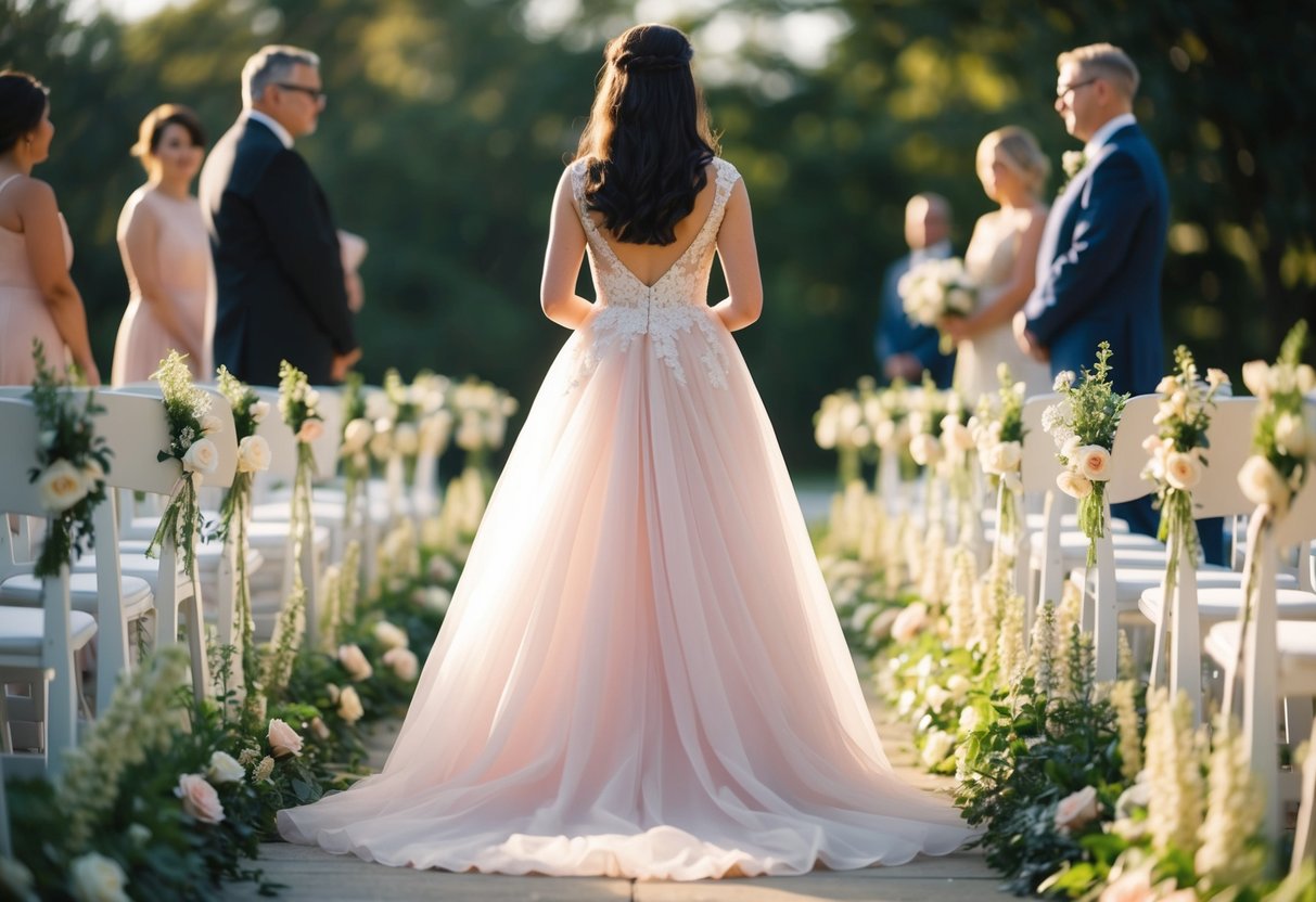A figure in a flowing gown stands at the end of a flower-lined aisle, facing a distant figure