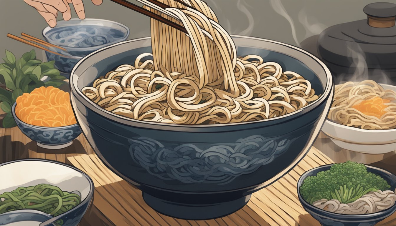 A steaming bowl of udon noodles being swapped out for soba noodles in a traditional Japanese restaurant setting