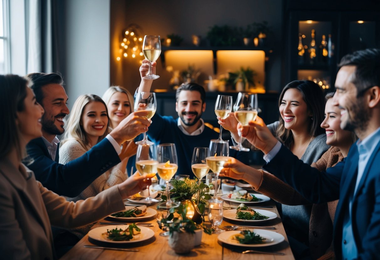 A group gathers around a table with raised glasses, smiling and laughing, in a cozy, dimly lit room