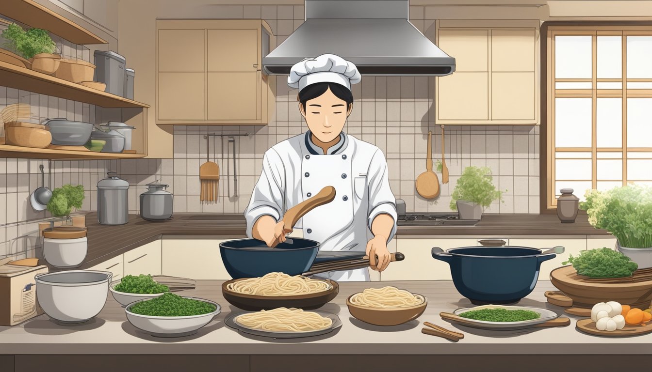 A person cooks and compares udon and soba noodles in a kitchen setting. Ingredients and cooking utensils are visible