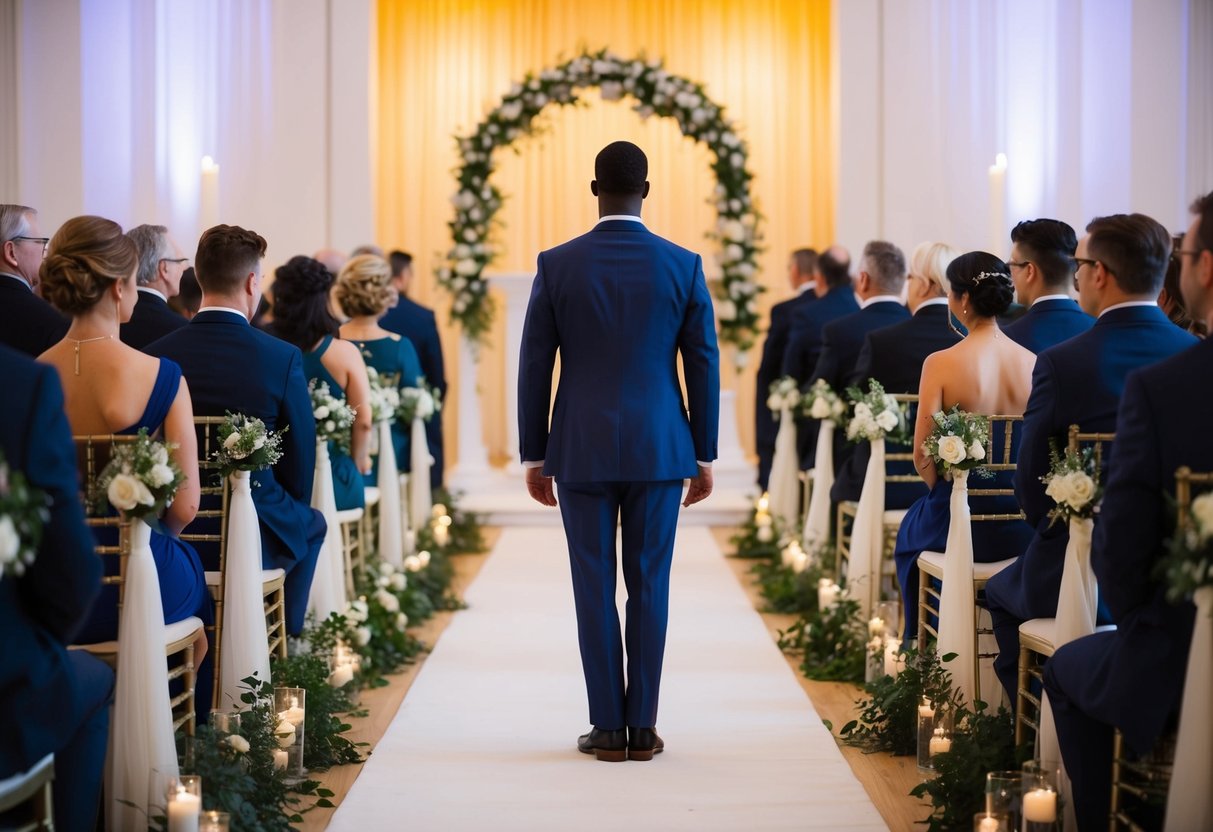 A figure stands at the start of an aisle, gazing towards the end where a ceremonial arch stands. The space is filled with an atmosphere of anticipation and excitement