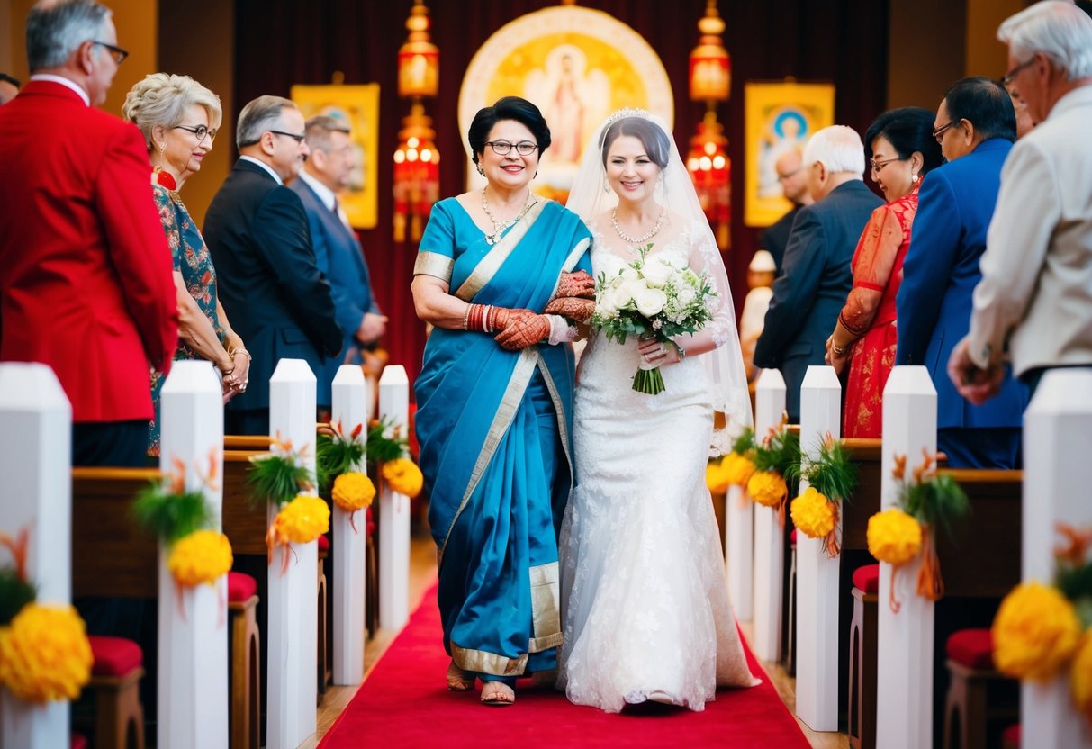 A bride and her mother stand at the end of an aisle, surrounded by traditional cultural and religious symbols. The mother lovingly supports the bride as they walk together