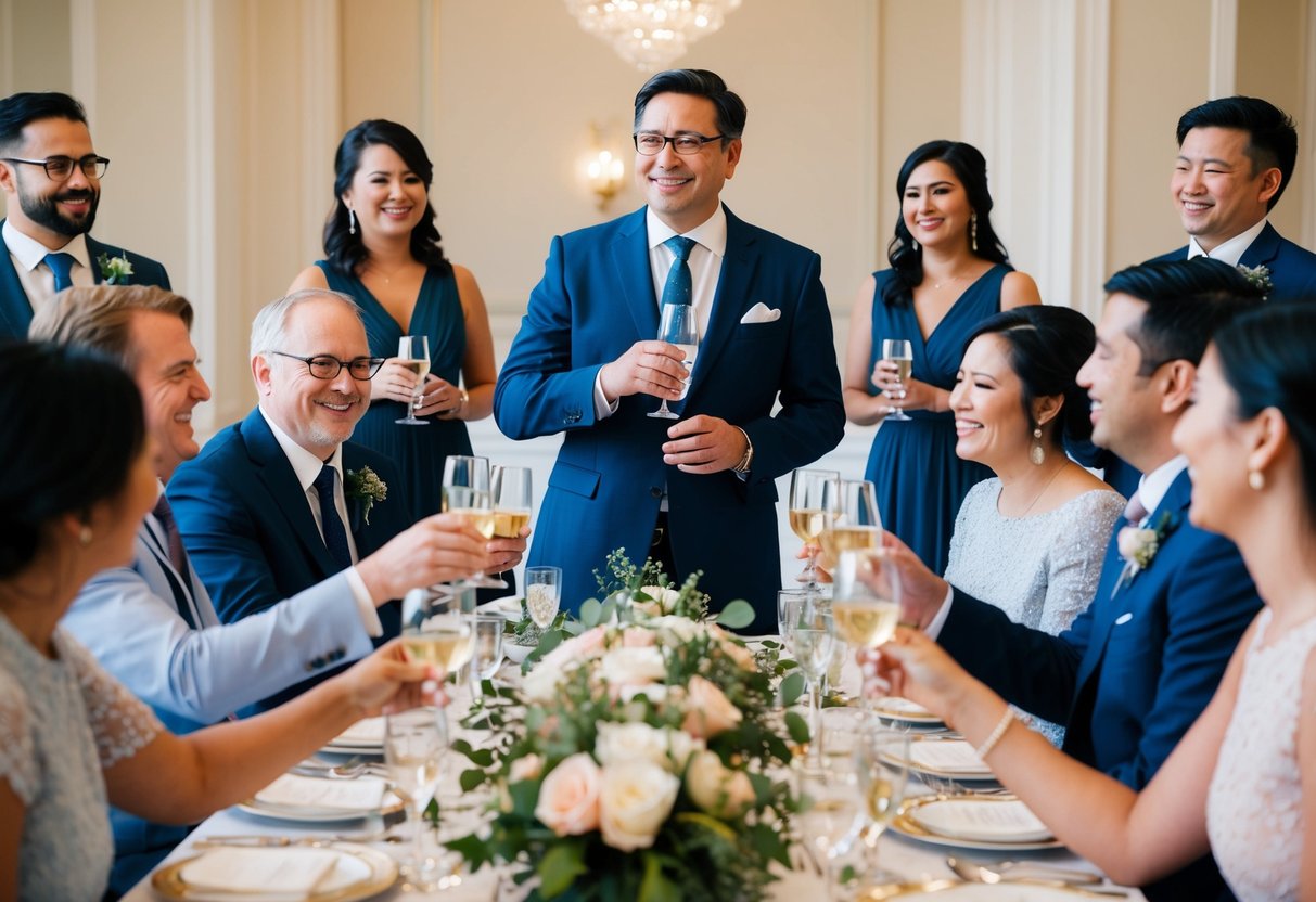 A group of people gathered around a beautifully set table, clinking glasses and smiling as one person stands to give a heartfelt speech