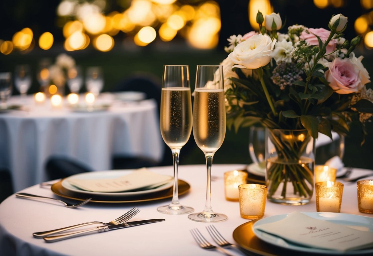 A small, candlelit table with elegant place settings and a bouquet of flowers. Two champagne flutes sit ready for toasts