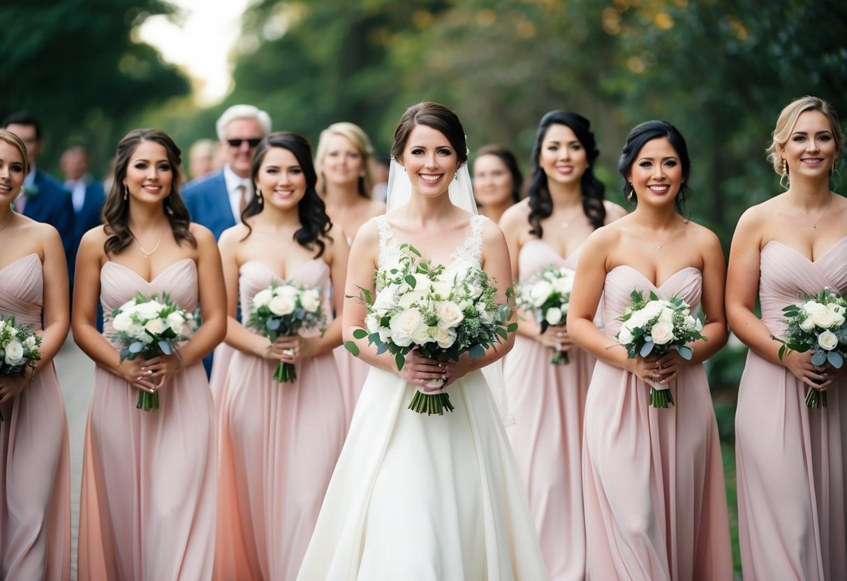 The maid of honor leads the group of bridesmaids down the aisle