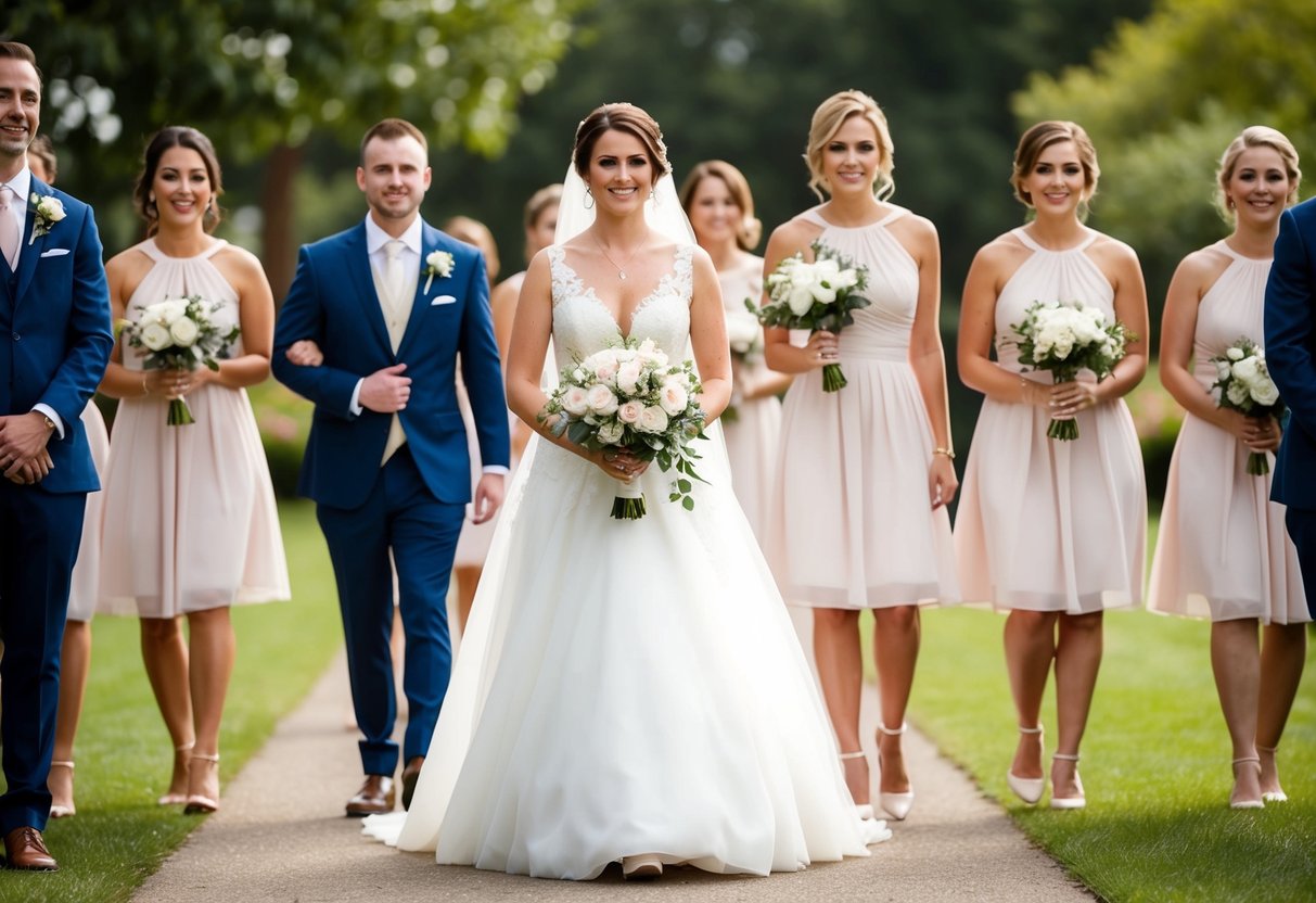 The maid of honor walks first, followed by the bridesmaids in a wedding processional