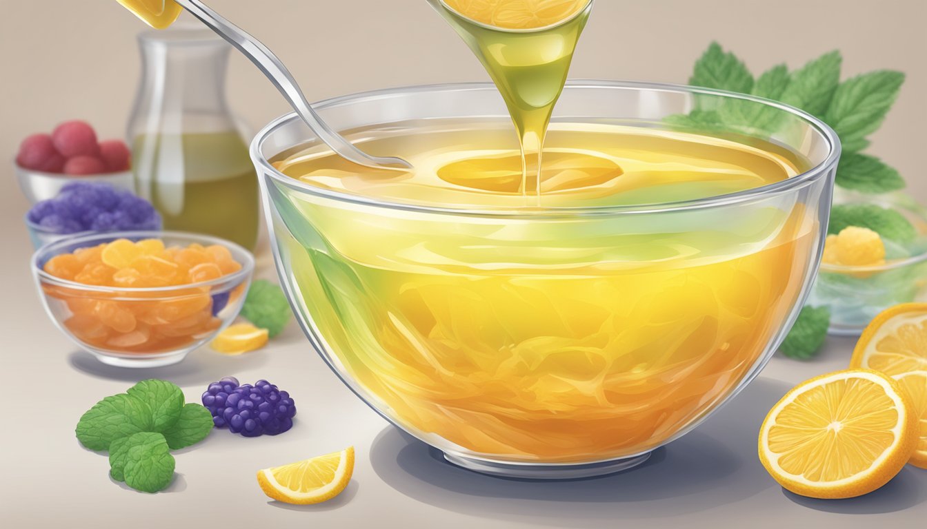 A bowl of unflavored gelatin being mixed with flavored liquid